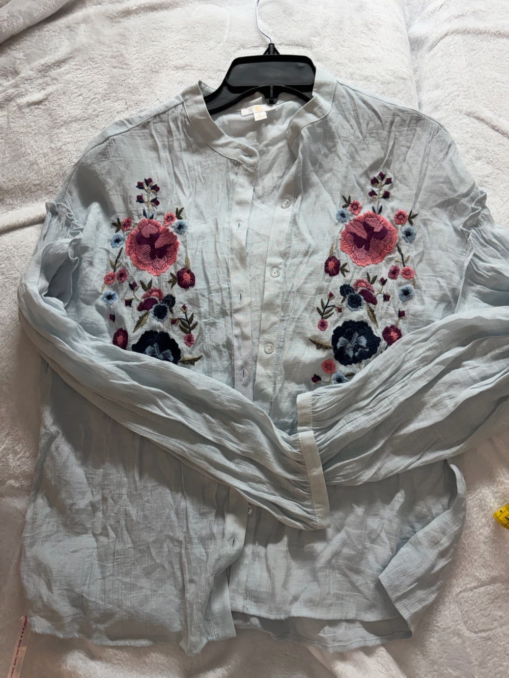 Light Blue Floral Embroidered Button-Up Women's Top